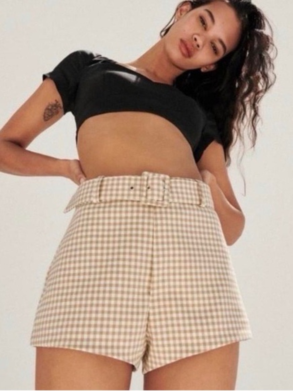 Zara high waisted belted gingham shorts